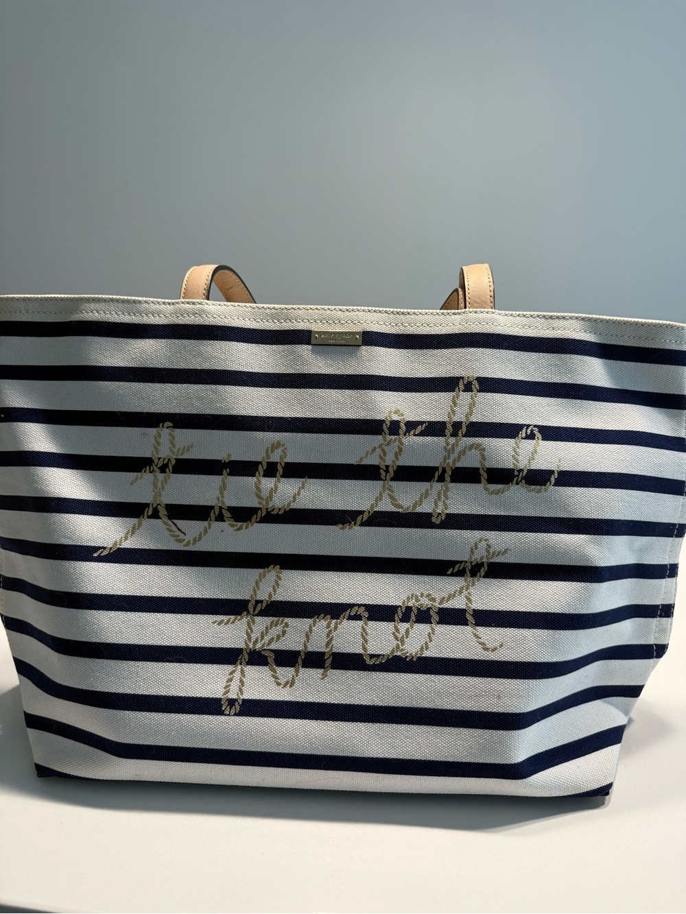 Kate Spade Striped Canvas Tote in Navy & White with Gold Script
